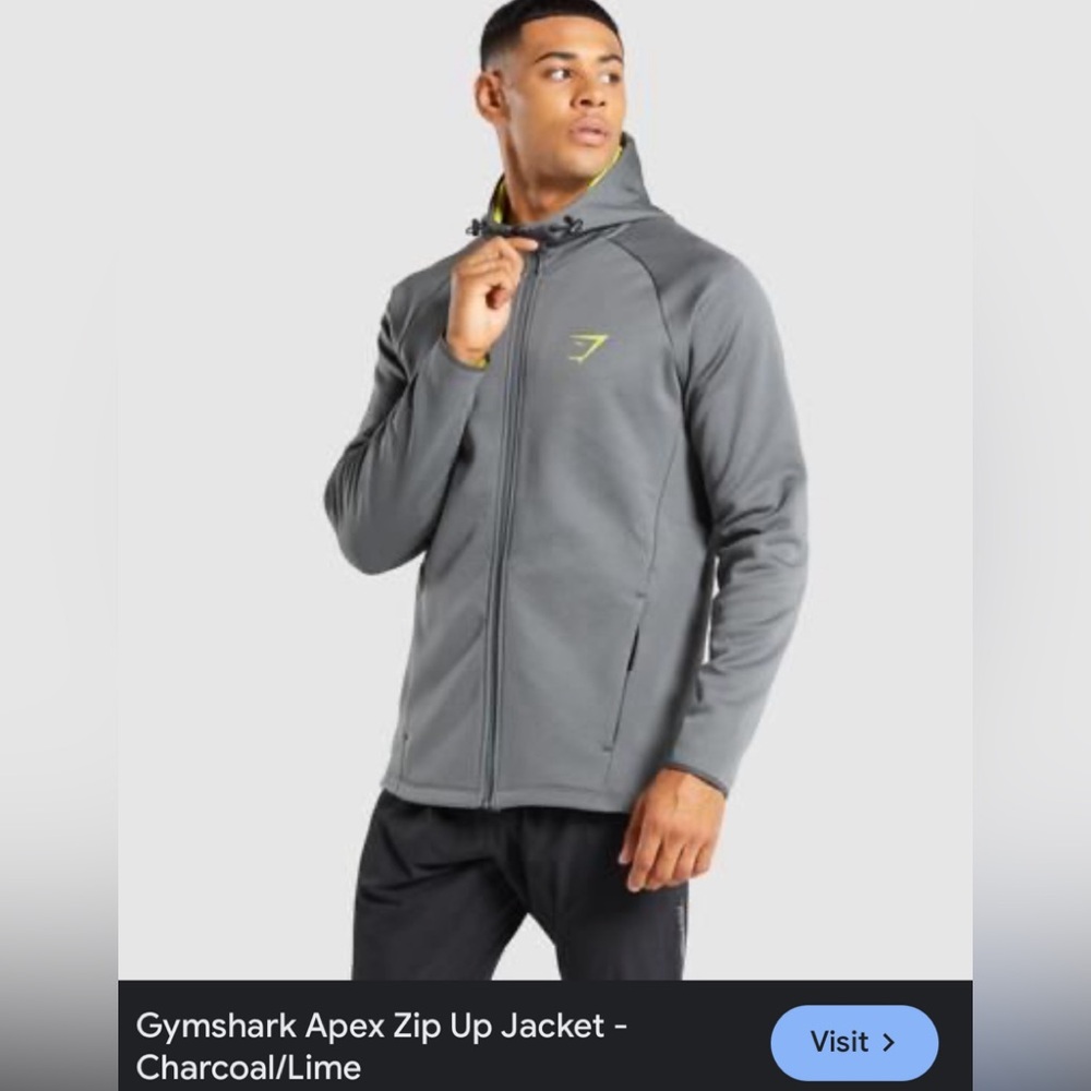 NWT charcoal, gray & lime fleece material interior Gymshark hooded men’s jacket